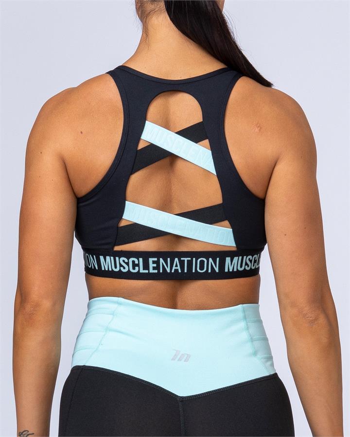 Muscle Nation Knockout Bra - Black with Sky Blue - XS
