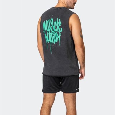 Muscle Nation MN Graffiti Heavy Vintage Tank - Washed Black / Jade - L