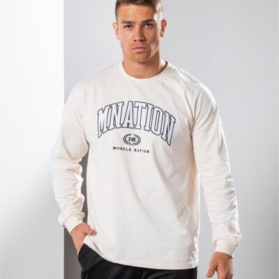 Muscle Nation MN Varsity Oversized Long Sleeve Tee - Travertine - L