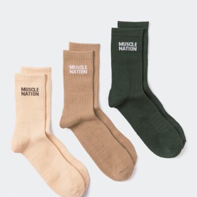 Muscle Nation Mens Essential Crew Socks (3x Pack) - Cream / Eggshell / Evergreen - Cream / Eggshell / Evergreen