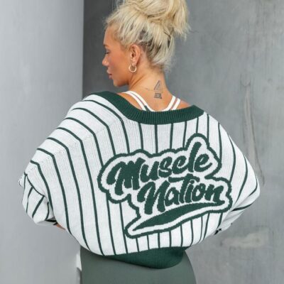 Muscle Nation Clubhouse Cropped Cardigan - Dew / Eucalyptus Stripe - L / XL