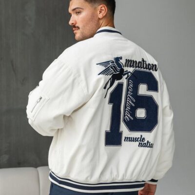 Muscle Nation Retro Cord Bomber Jacket - Travertine - L